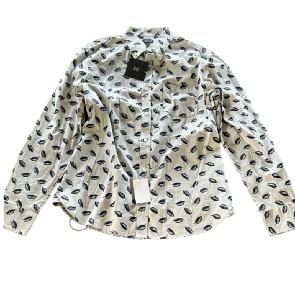 14th & Union blue leaf print white buttons down collared long sleeve shirt